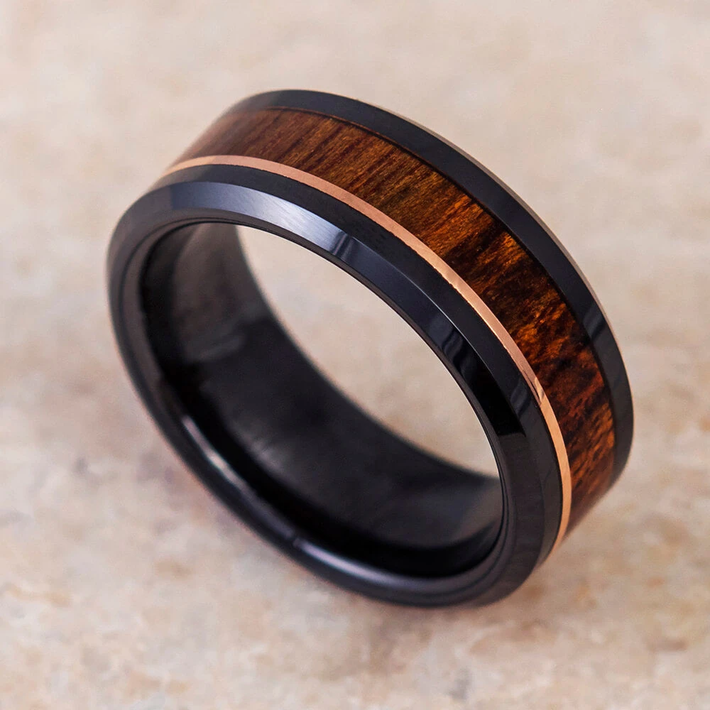 Wood & Black Ceramic Wedding Band With Rose Gold Pinstripe 3 Wood & Black Ceramic Wedding Band With Rose Gold Pinstripe