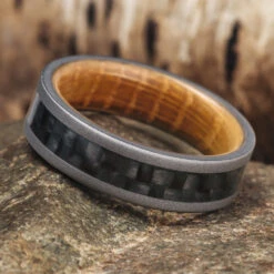 Carbon Fiber Wedding Band, Whiskey Oak Sleeve Ring With Sandblasted Titanium -Johan Jewelry Shop E 2707 Art Cropped 4 6