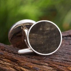 Round Petrified Wood Cuff Links In Sterling Silver