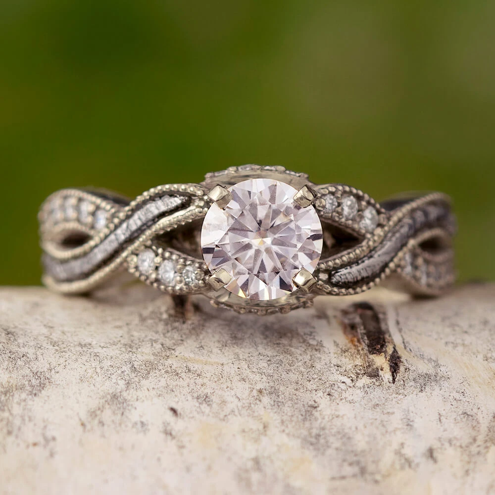 Moissanite Engagement Ring With A Twisted Meteorite And Diamond Shank 2 Moissanite Engagement Ring With A Twisted Meteorite And Diamond Shank