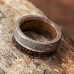 Meteorite Ring, Dinosaur Bone Wedding Band With Whiskey Barrel Sleeve -Johan Jewelry Shop E 3426 Art July Cropped 8 11