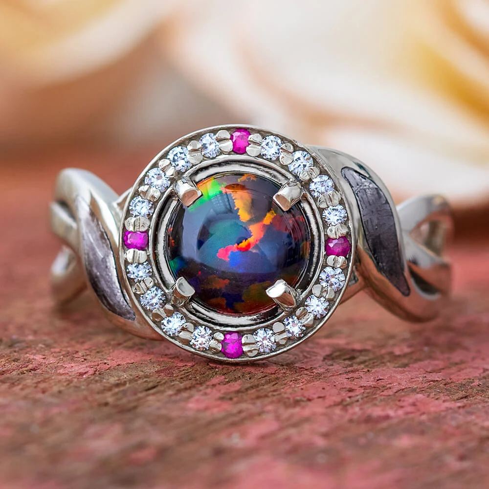 Opal Halo Engagement Ring With Diamond And Ruby Accents 3 Opal Halo Engagement Ring With Diamond And Ruby Accents
