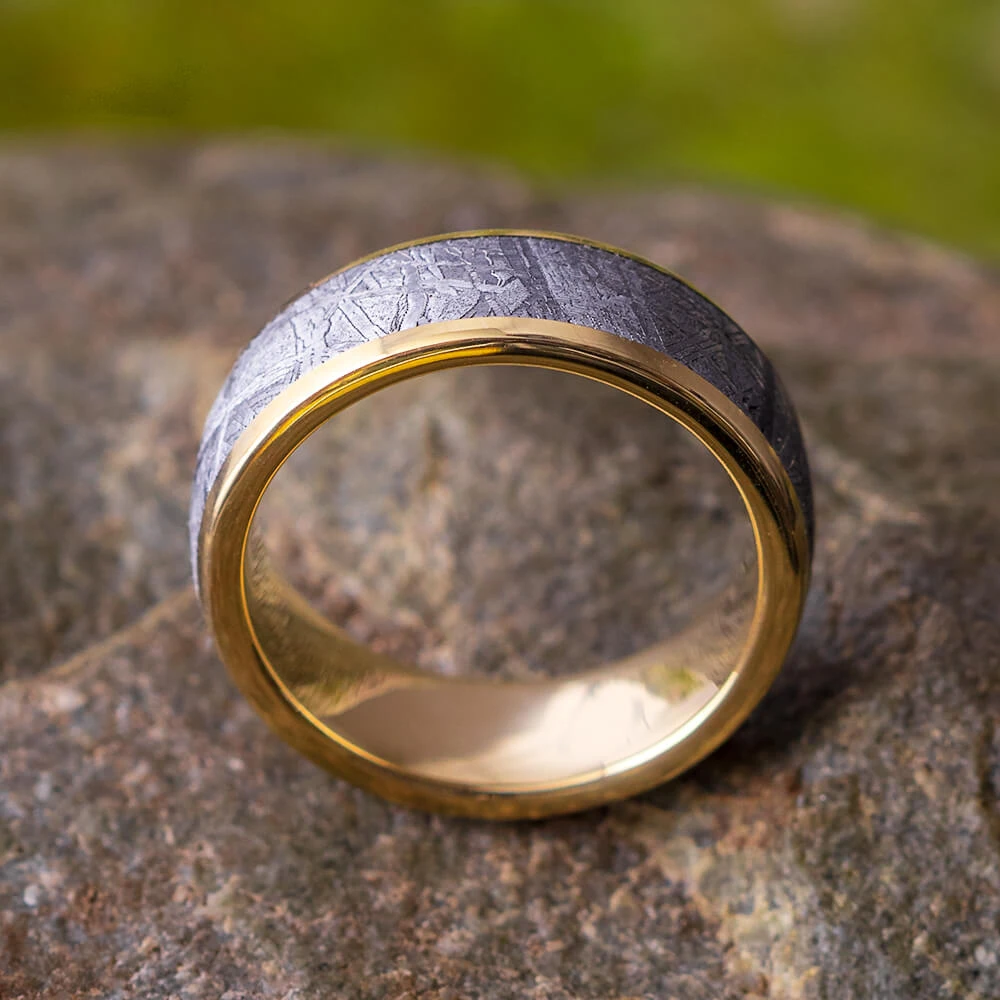 Solid Gold Meteorite Men's Wedding Band, 7mm Ring 5 Solid Gold Meteorite Men's Wedding Band, 7mm Ring - Image 3