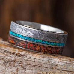 Opal Wedding Band, Meteorite And Dinosaur Bone Ring