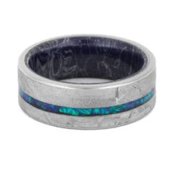 Crushed Opal Men's Wedding Band, Meteorite Ring With Mokume Sleeve -Johan Jewelry Shop E 3558 4