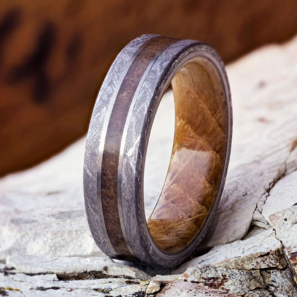 Whiskey Barrel Wood And Meteorite Men's Wedding Band 9 Whiskey Barrel Wood And Meteorite Men's Wedding Band - Image 7