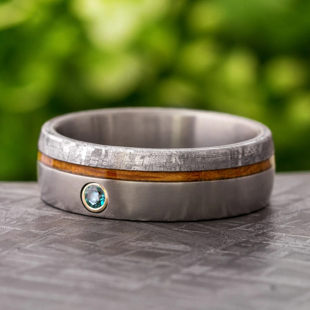 Alexandrite Men's Wedding Band With Meteorite And Whiskey Barrel Wood 10 Alexandrite Men's Wedding Band With Meteorite And Whiskey Barrel Wood - Image 8