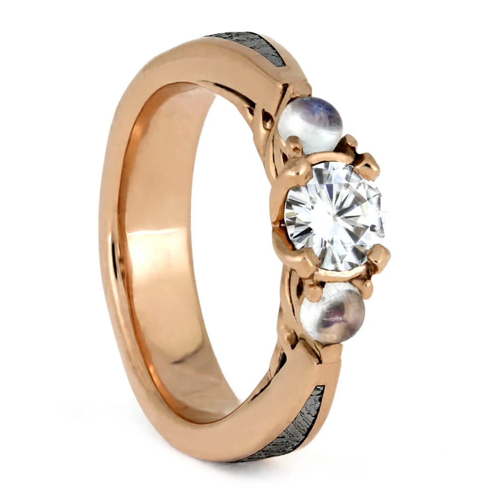 Moonstone Bridal Set, Meteorite Engagement Ring With Shadow Band 5 Moonstone Bridal Set, Meteorite Engagement Ring With Shadow Band - Image 3