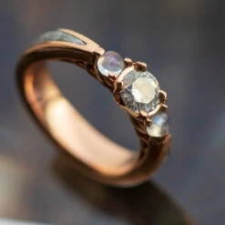 Meteorite, Moonstone & Moissanite Three Stone Engagement Ring -Johan Jewelry Shop E 3721 Arnett Art Cropped 6