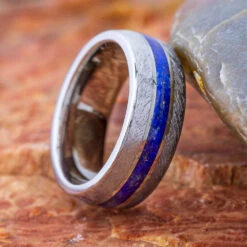 Meteorite & Lapis Lazuli Men's Wedding Band, Blue Ring For Groom -Johan Jewelry Shop E 3864 Art February Cropped 3