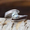 White Sapphire Engagement Ring, Titanium Meteorite Ring With Dinosaur Bone
