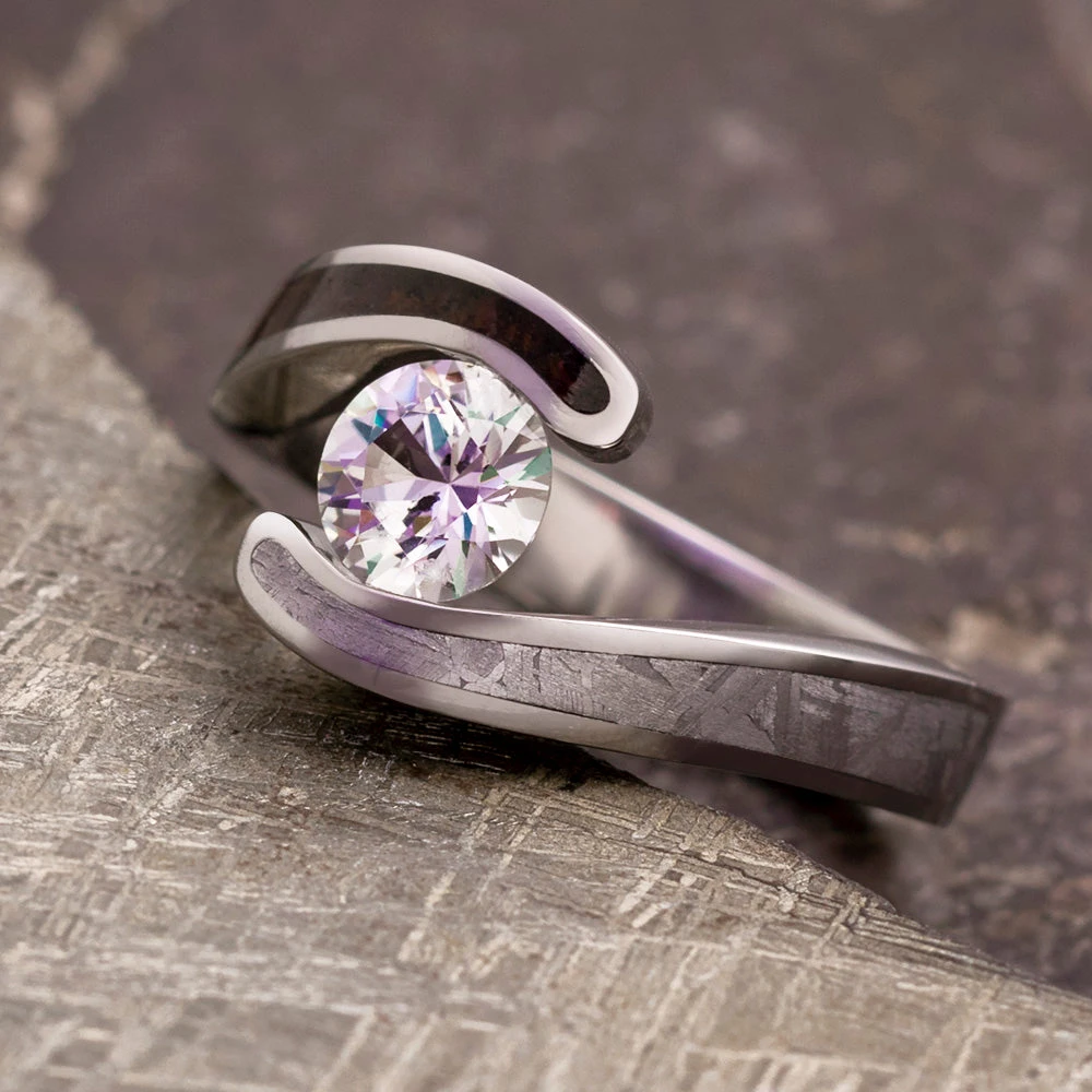 White Sapphire Engagement Ring, Titanium Meteorite Ring With Dinosaur Bone 9 White Sapphire Engagement Ring, Titanium Meteorite Ring With Dinosaur Bone - Image 7