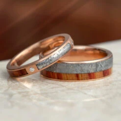 Meteorite & Wood Wedding Ring Set, Matching Rose Gold Wedding Bands