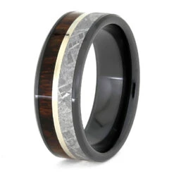 Meteorite & Wood Men's Wedding Band -Johan Jewelry Shop E 3888 Rosewood Meteorite WG Black Ceramic 3