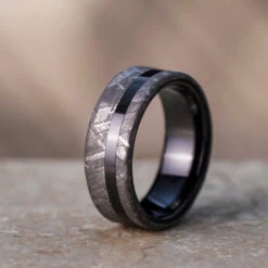 Black Ceramic & Meteorite Men's Wedding Band -Johan Jewelry Shop E 3934 Art Pano Cropped