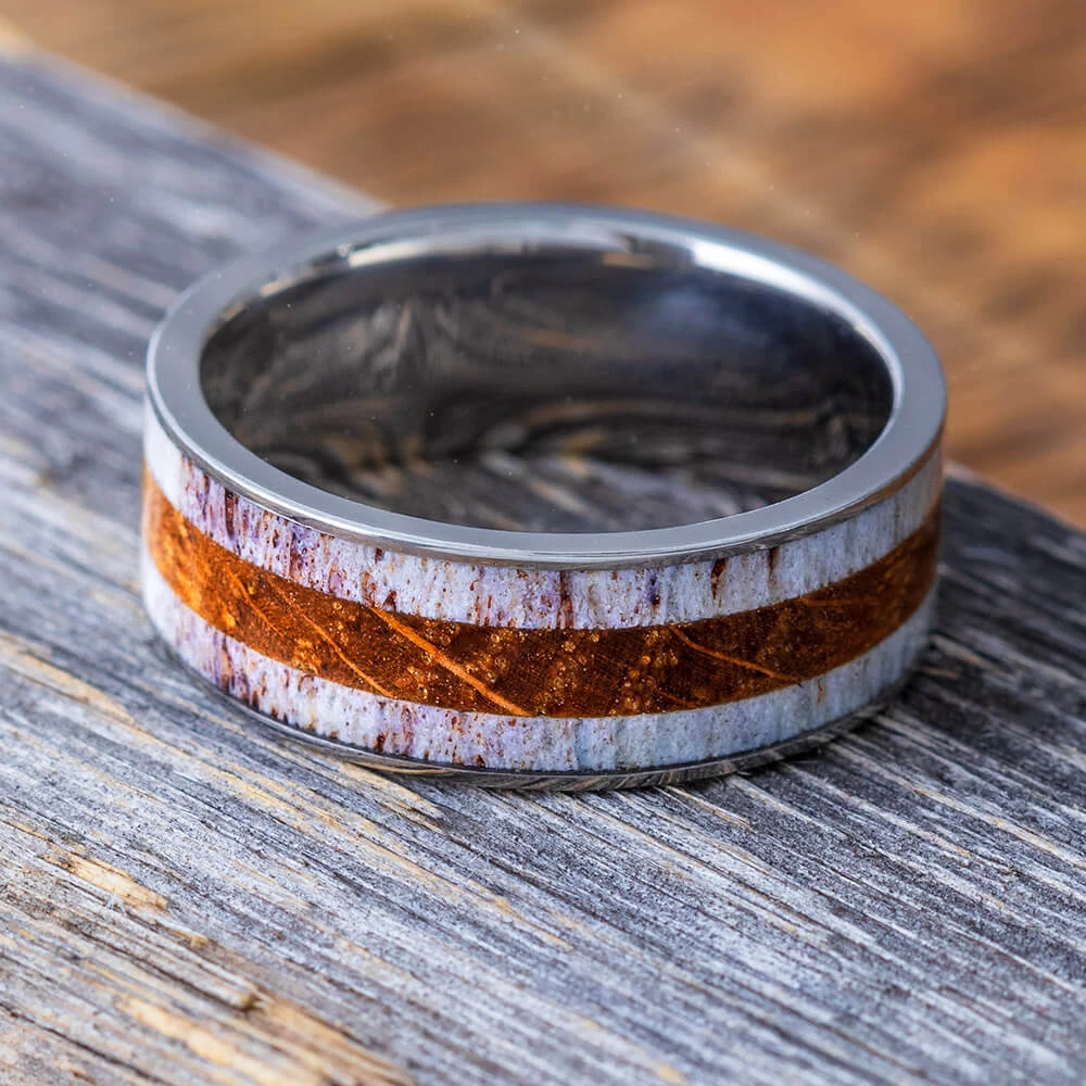 Whiskey Barrel Wood And Antler Men's Ring 3 Whiskey Barrel Wood And Antler Men's Ring