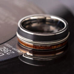 Guitar String Ring With Vinyl LP Record, Palm Wood Wedding Band -Johan Jewelry Shop E 3961 Art February Cropped 7
