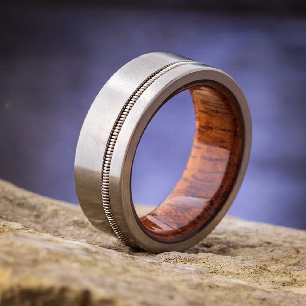 Guitar String Titanium Ring With Mahogany Wood Sleeve 3 Guitar String Titanium Ring With Mahogany Wood Sleeve