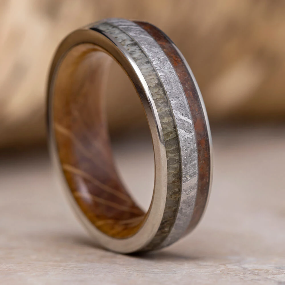 Meteorite And Dinosaur Bone Wedding Band With Whiskey Wood Sleeve 9 Meteorite And Dinosaur Bone Wedding Band With Whiskey Wood Sleeve - Image 7