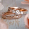 Meteorite Bridal Set, Three Stone Moissanite Ring & Matching Band