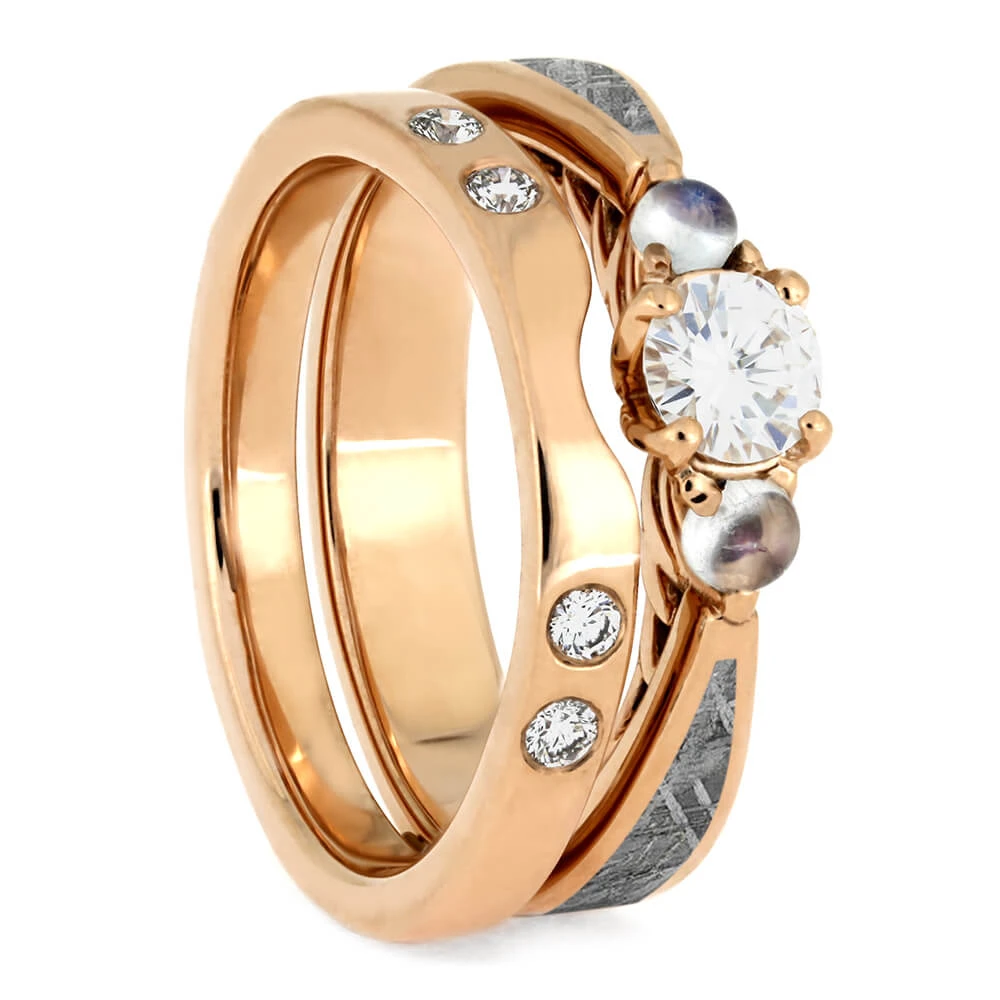 Moonstone Bridal Set, Meteorite Engagement Ring With Shadow Band 4 Moonstone Bridal Set, Meteorite Engagement Ring With Shadow Band - Image 2