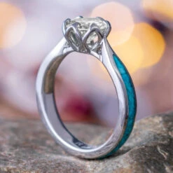Moissanite Platinum Engagement Ring With Crushed Turquoise -Johan Jewelry Shop E 4137 Art Cropped 3 4