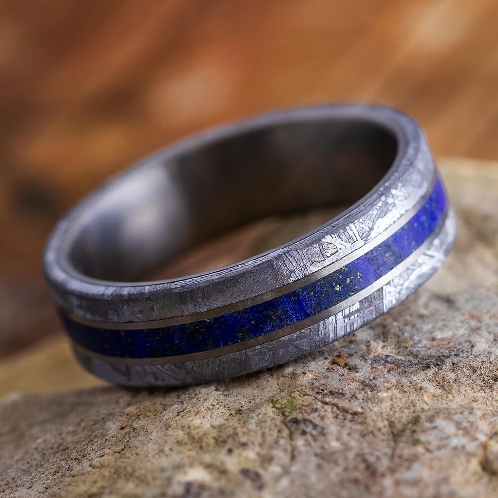 Lapis Lazuli Men's Wedding Band With Meteorite Edges 3 Lapis Lazuli Men's Wedding Band With Meteorite Edges