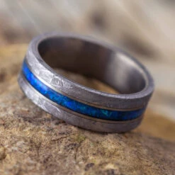 Meteorite And Dark Blue Opal Men's Wedding Band In Matte Titanium