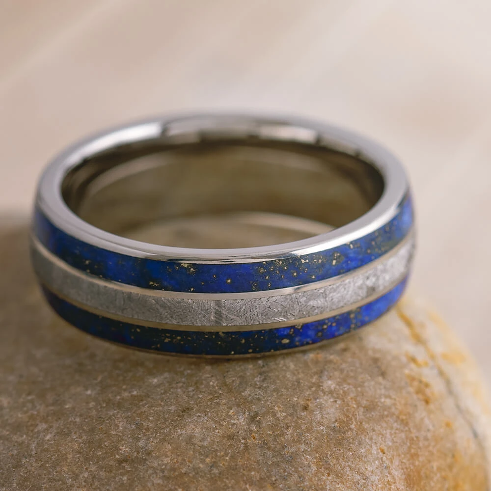 Blue Lapis Lazuli Ring With Meteorite Inlays, Titanium Men's Wedding Band 7 Blue Lapis Lazuli Ring With Meteorite Inlays, Titanium Men's Wedding Band - Image 5