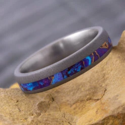 Lava Mosaic Turquoise Wedding Band In Sandblasted Titanium