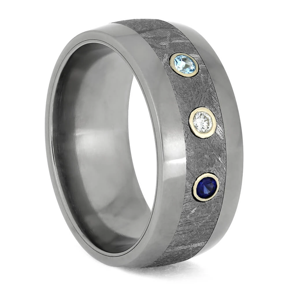 Meteorite Wedding Band With Sapphire, Diamond, And Topaz 4 Meteorite Wedding Band With Sapphire, Diamond, And Topaz - Image 2