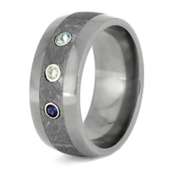 Meteorite Wedding Band With Sapphire, Diamond, And Topaz 11 Meteorite Wedding Band With Sapphire, Diamond, And Topaz -Johan Jewelry Shop E 4303 3