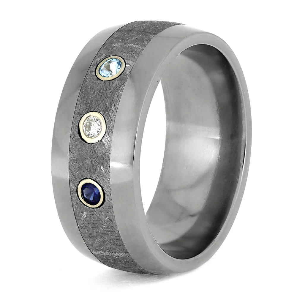 Meteorite Wedding Band With Sapphire, Diamond, And Topaz 6 Meteorite Wedding Band With Sapphire, Diamond, And Topaz - Image 4