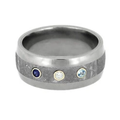 Meteorite Wedding Band With Sapphire, Diamond, And Topaz 12 Meteorite Wedding Band With Sapphire, Diamond, And Topaz -Johan Jewelry Shop E 4303 4