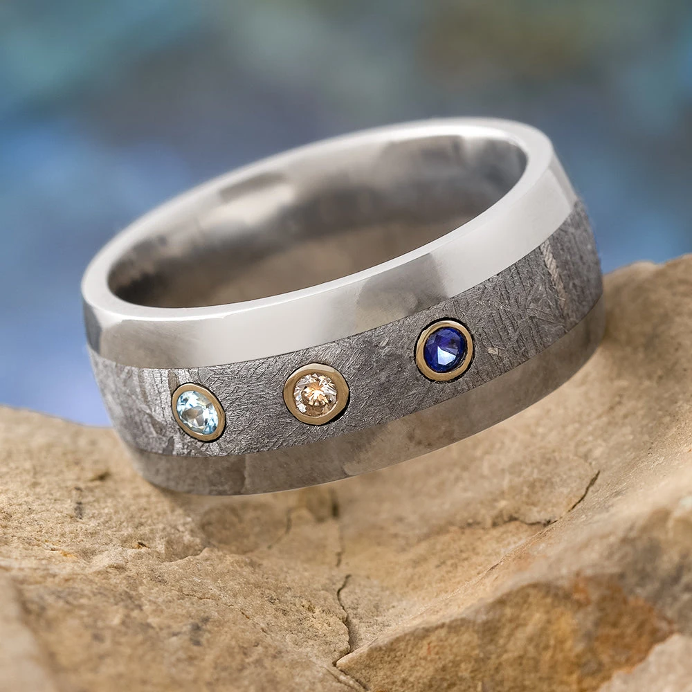 Meteorite Wedding Band With Sapphire, Diamond, And Topaz 3 Meteorite Wedding Band With Sapphire, Diamond, And Topaz