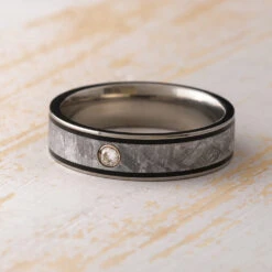 Meteorite Wedding Ring For Men With Black Pinstripes -Johan Jewelry Shop E 4307 Art Cropped 1 5