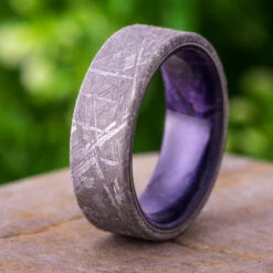 Men's Meteorite Wedding Band With Purple Box Elder Burl Sleeve