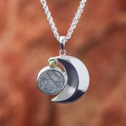 Crescent Moon Necklace With Meteorite & Moldavite -Johan Jewelry Shop E RSSB005 Art Cropped 3