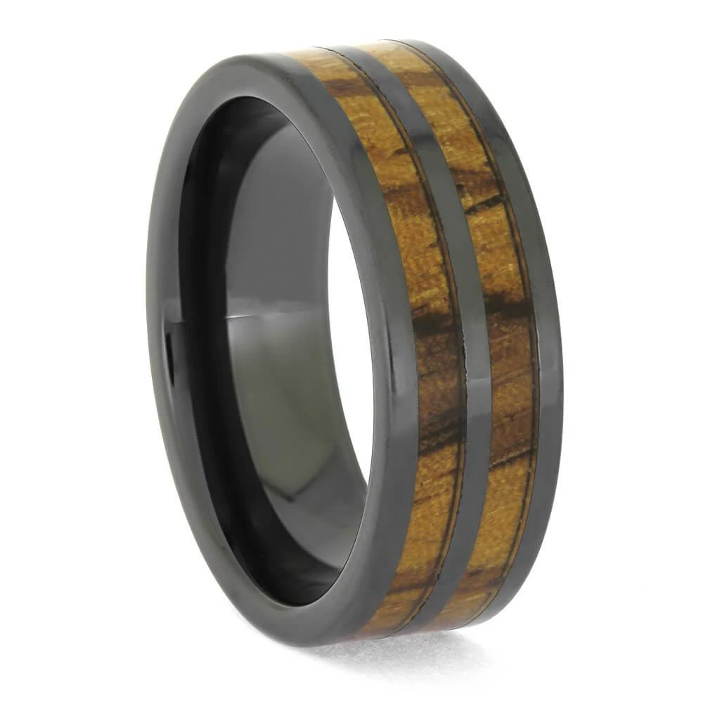 Wedding Band With Double Wood Pinstripes In Black Ceramic 4 Wedding Band With Double Wood Pinstripes In Black Ceramic - Image 2