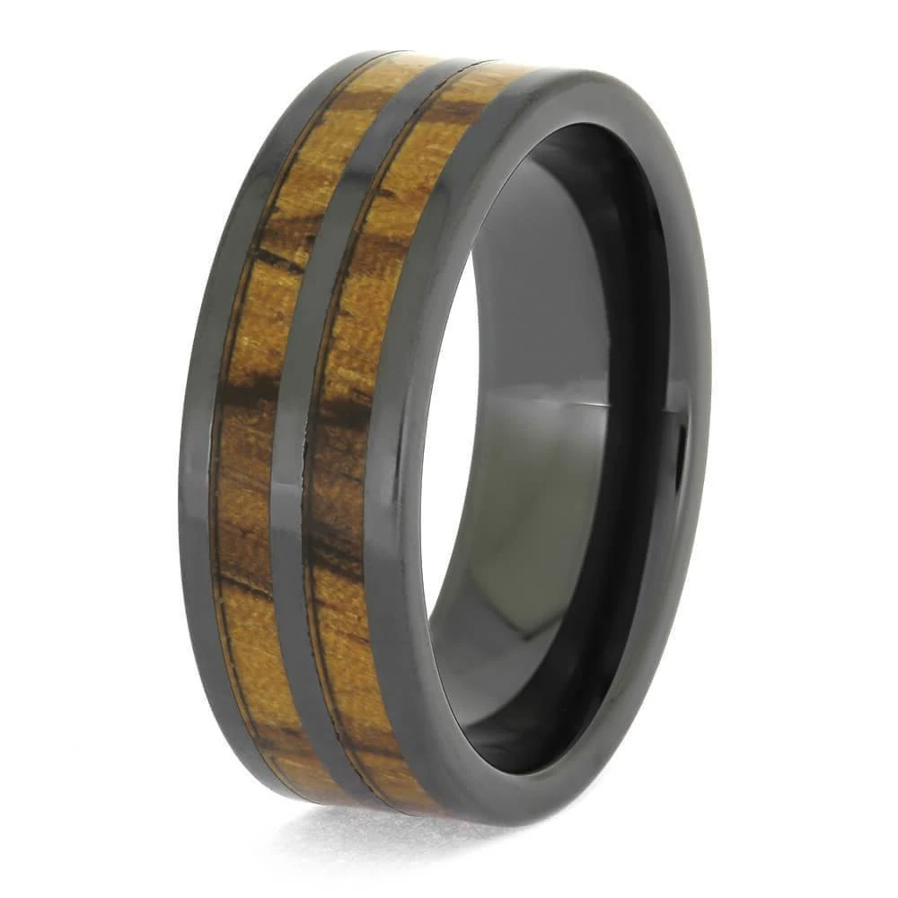 Wedding Band With Double Wood Pinstripes In Black Ceramic 6 Wedding Band With Double Wood Pinstripes In Black Ceramic - Image 4