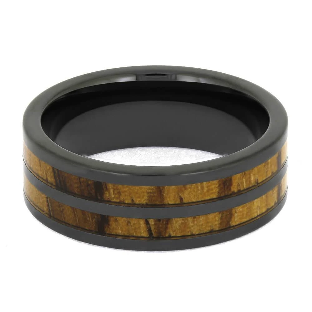 Wedding Band With Double Wood Pinstripes In Black Ceramic 7 Wedding Band With Double Wood Pinstripes In Black Ceramic - Image 5
