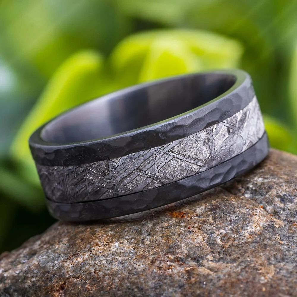 Hammered Zirconium & Meteorite Men's Wedding Band 3 Hammered Zirconium & Meteorite Men's Wedding Band