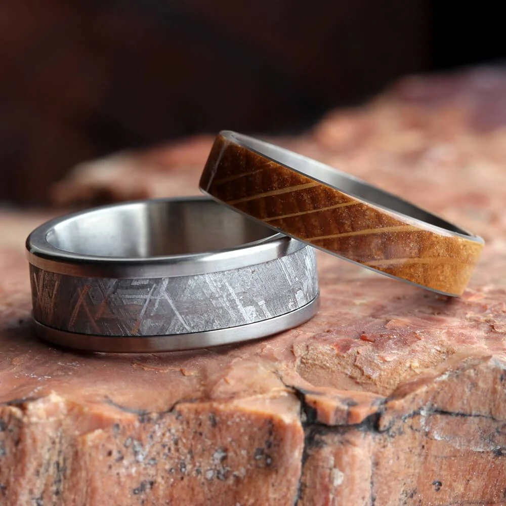 Modular Titanium Ring Set With Whiskey Barrel Oak & Meteorite Inlays 6 Modular Titanium Ring Set With Whiskey Barrel Oak & Meteorite Inlays - Image 4