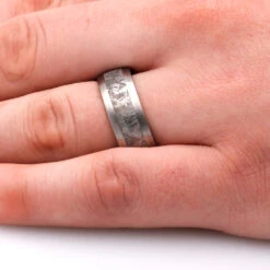 Men's Meteorite Wedding Band With Whiskey Barrel Wood Sleeve -Johan Jewelry Shop MG 9552