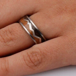 Titanium Mountain Ring With Dark Cherry Burl And Cocobolo Wood -Johan Jewelry Shop MG 9557