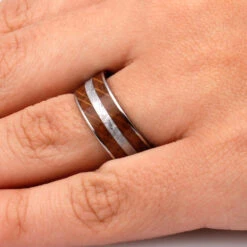 Whiskey Oak Ring With Meteorite, Wooden Men's Wedding Band -Johan Jewelry Shop MG 9563