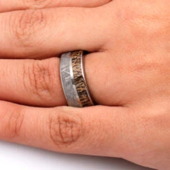 Meteorite Ring, Dinosaur Bone Wedding Band With Whiskey Barrel Sleeve -Johan Jewelry Shop MG 9605