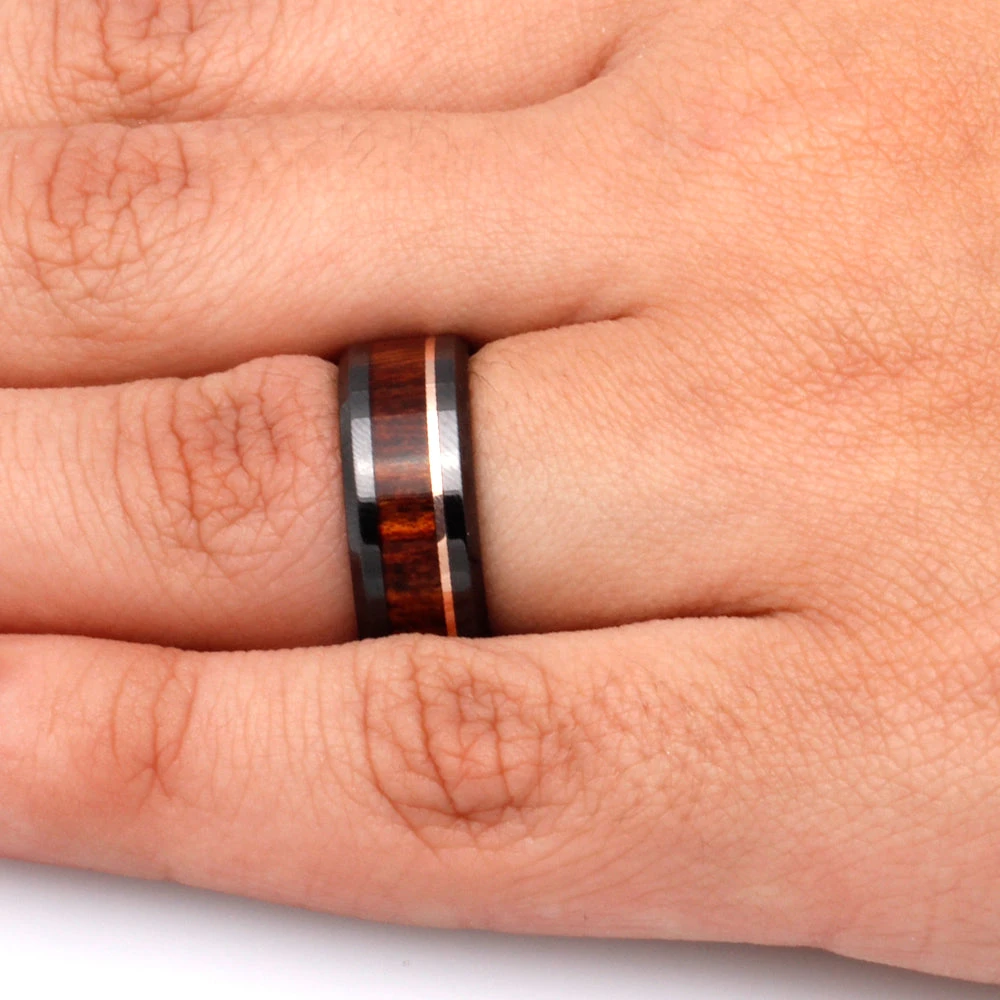 Wood & Black Ceramic Wedding Band With Rose Gold Pinstripe 6 Wood & Black Ceramic Wedding Band With Rose Gold Pinstripe - Image 4