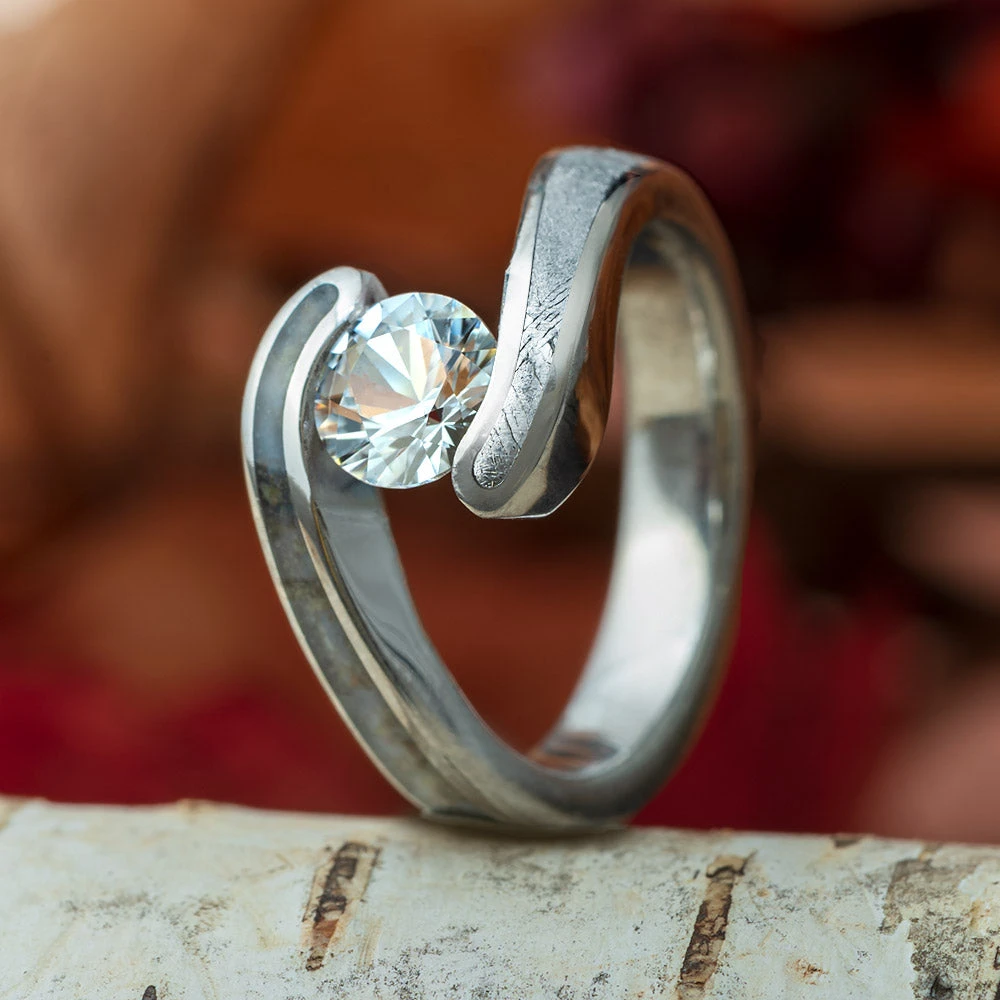 White Sapphire Engagement Ring, Titanium Meteorite Ring With Dinosaur Bone 11 White Sapphire Engagement Ring, Titanium Meteorite Ring With Dinosaur Bone - Image 9