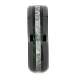 Black Ceramic Ring With Meteorite & Wood Inlays 11 Black Ceramic Ring With Meteorite & Wood Inlays -Johan Jewelry Shop Meteorite Green Box Elder Burl Black Ceramic 2150 2